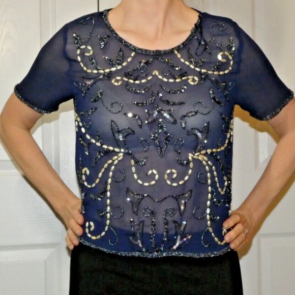 Navy Chiffon Blouse Beaded Top Sheer Dinner Dance Cocktail Party UK 10 = US 6 - Picture 2 of 9
